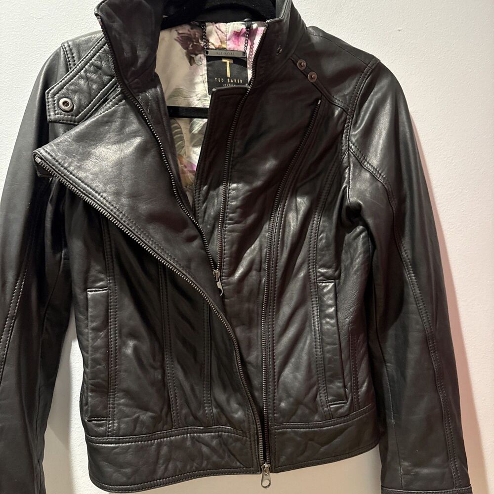 Ted Baker Black Leather Jacket Moto Silver Hardware Size 0 Biker - Picture 3 of 11